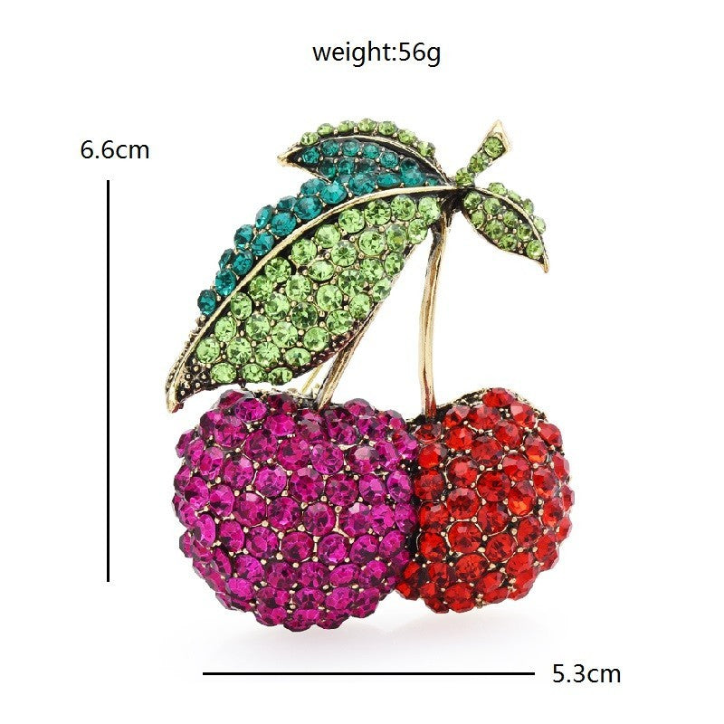 Large Crystal Cherry Fruit Brooch Pin Red Pink Green Rhinestone Jewelry 2.6in