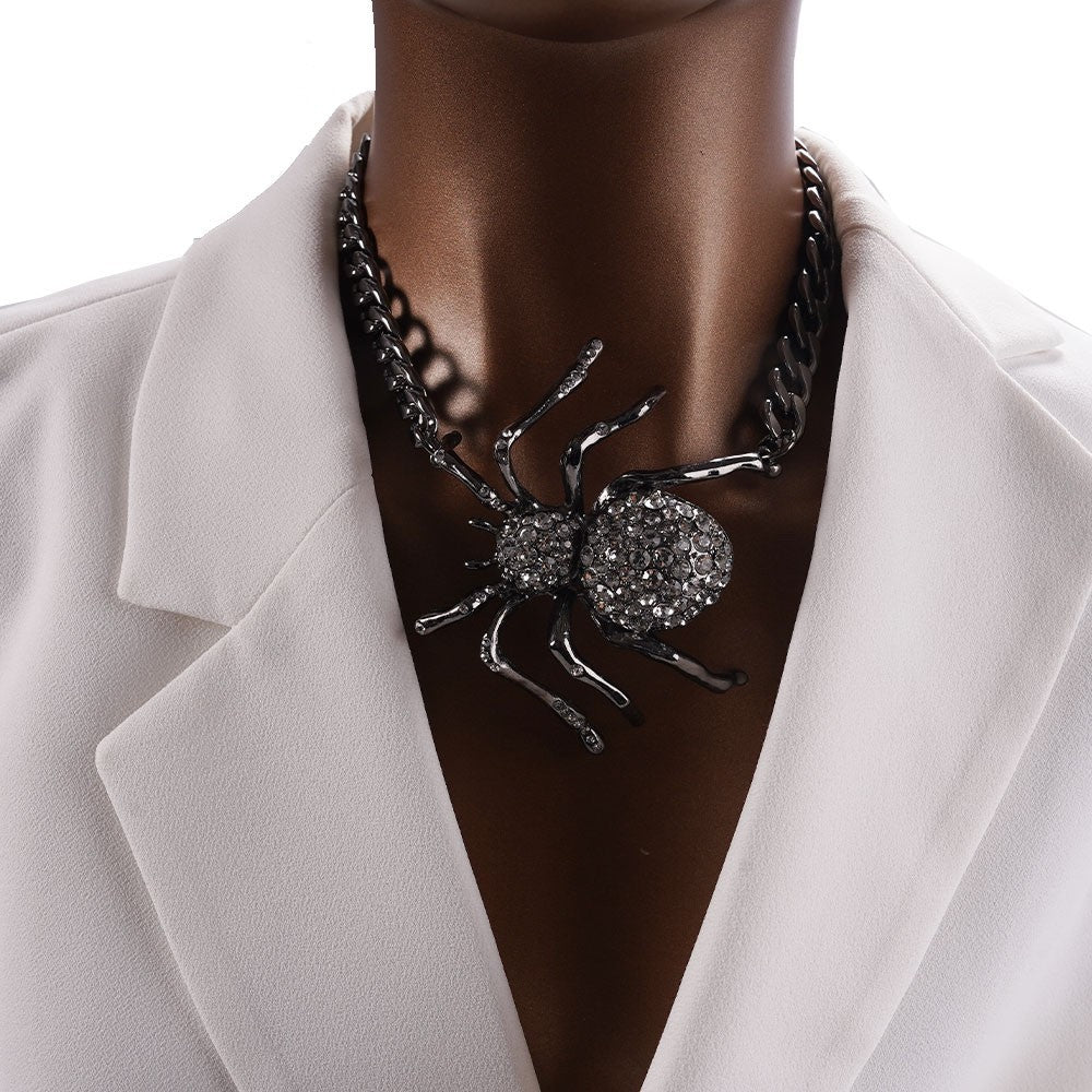 Large Spider Rhinestone Pendant Gunmetal Cable Chain Gothic Halloween Necklace