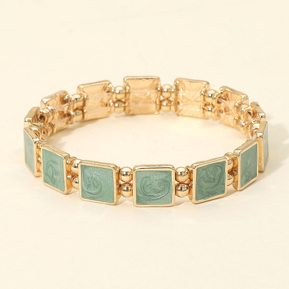 Sage Green Enamel Gold Square Tile Stretch Bracelet Boho