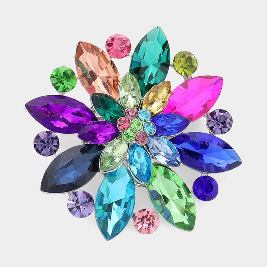 Multi Color Crystal Rhinestone Flower Brooch Silver Tone Statement Floral Pin