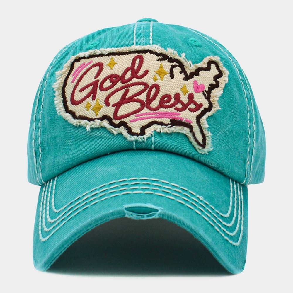 God Bless USA Map Patch Distressed Teal Turquoise Embroidered Baseball Cap