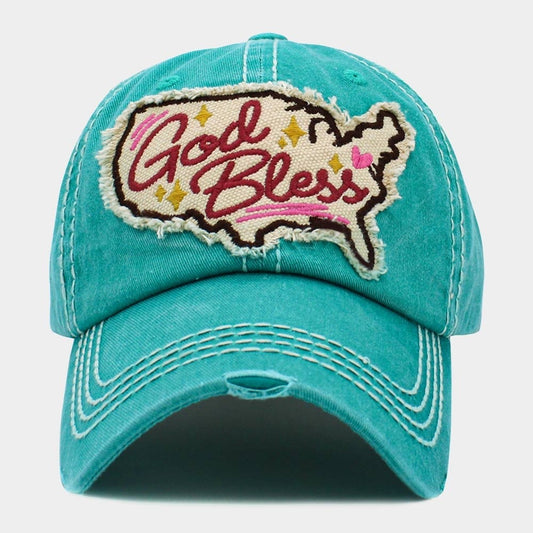God Bless USA Map Patch Distressed Teal Turquoise Embroidered Baseball Cap
