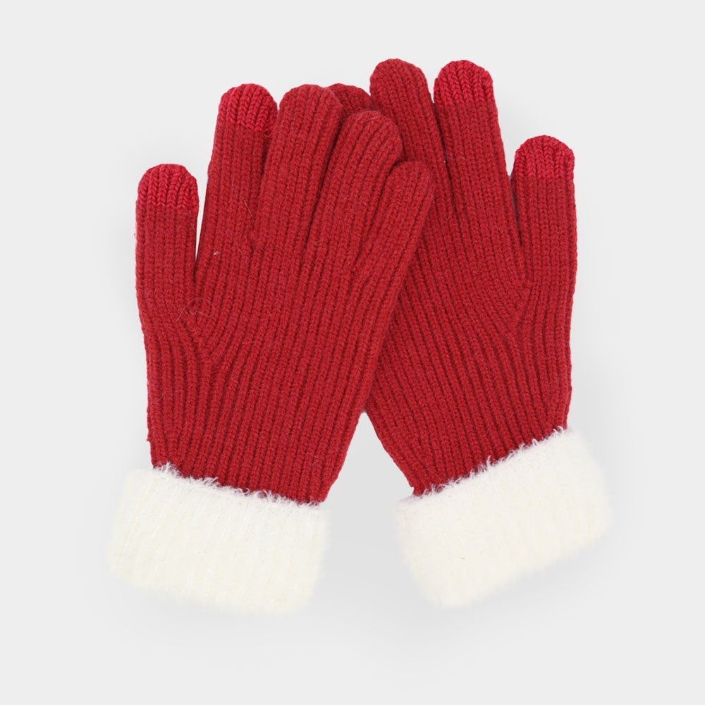 Women's One Size Faux Fur Cuff Knitted Ribbed Gloves Touch Screen Compatible Red