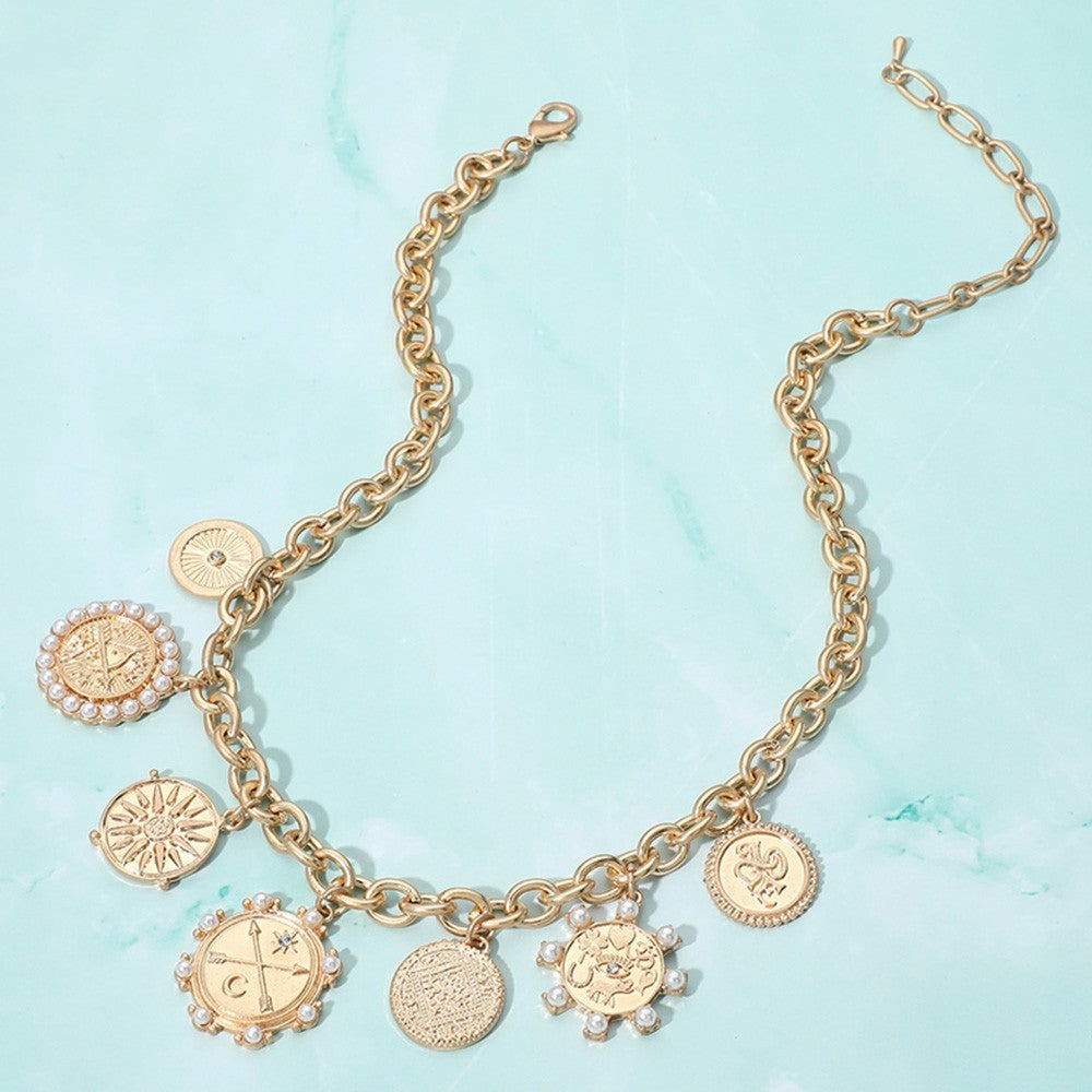 Zodiac Pendant Necklace Women Astrology Jewelry Gold Tone Medal Station Gift