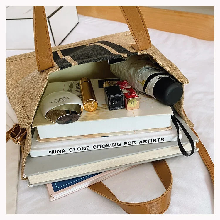 Canvas Stripe Bucket Handbag for Women Large Capacity Casual Tote Shoulder Cross