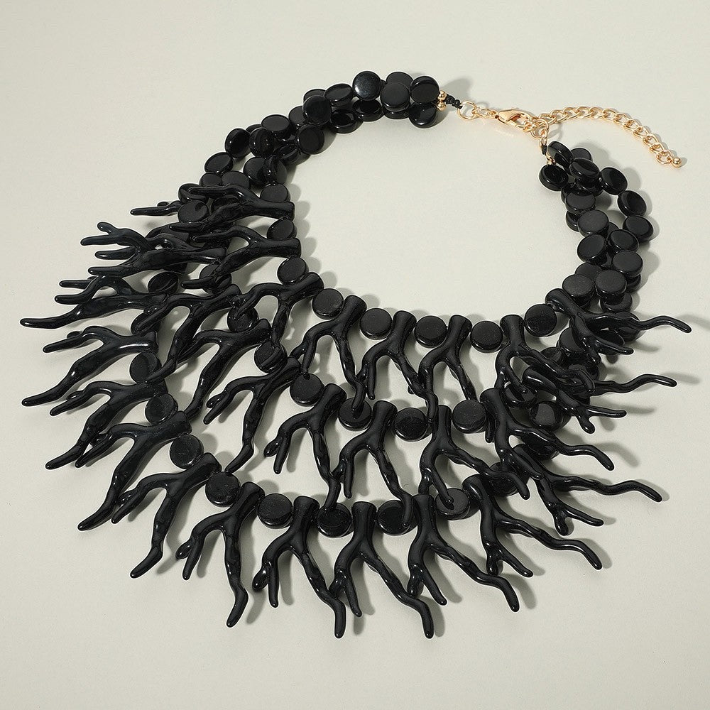 Bold Black Branch Coral Statement Bib Necklace with Gold-Tone Adjustable Clasp