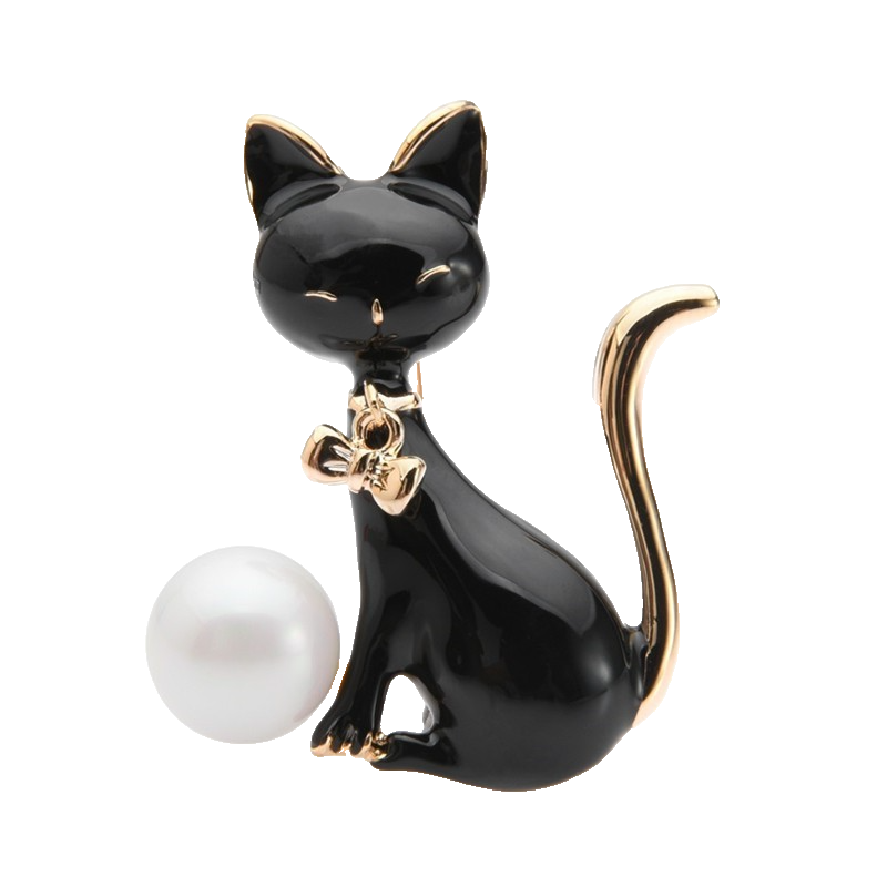 Cat Pearl Brooch Black Enamel 18K Gold Plated Lapel Pin Fashion Jewelry