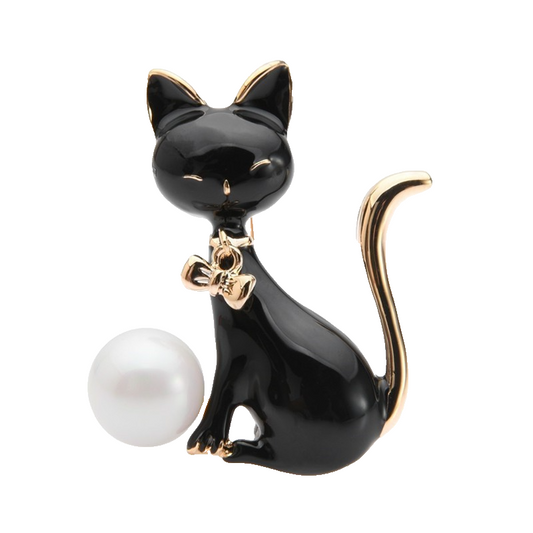 Cat Pearl Brooch Black Enamel 18K Gold Plated Lapel Pin Fashion Jewelry