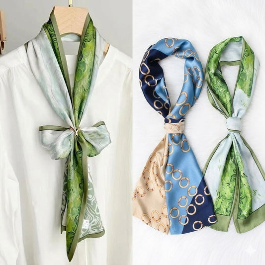 2pcs Women Skinny Silk Feel Scarf Set Green Oil Paint Blue Geometric Ring