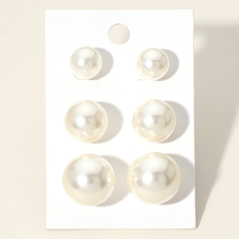 3pcs White Faux Pearl Stud Earrings Set Three Pairs Different Size Jewelry
