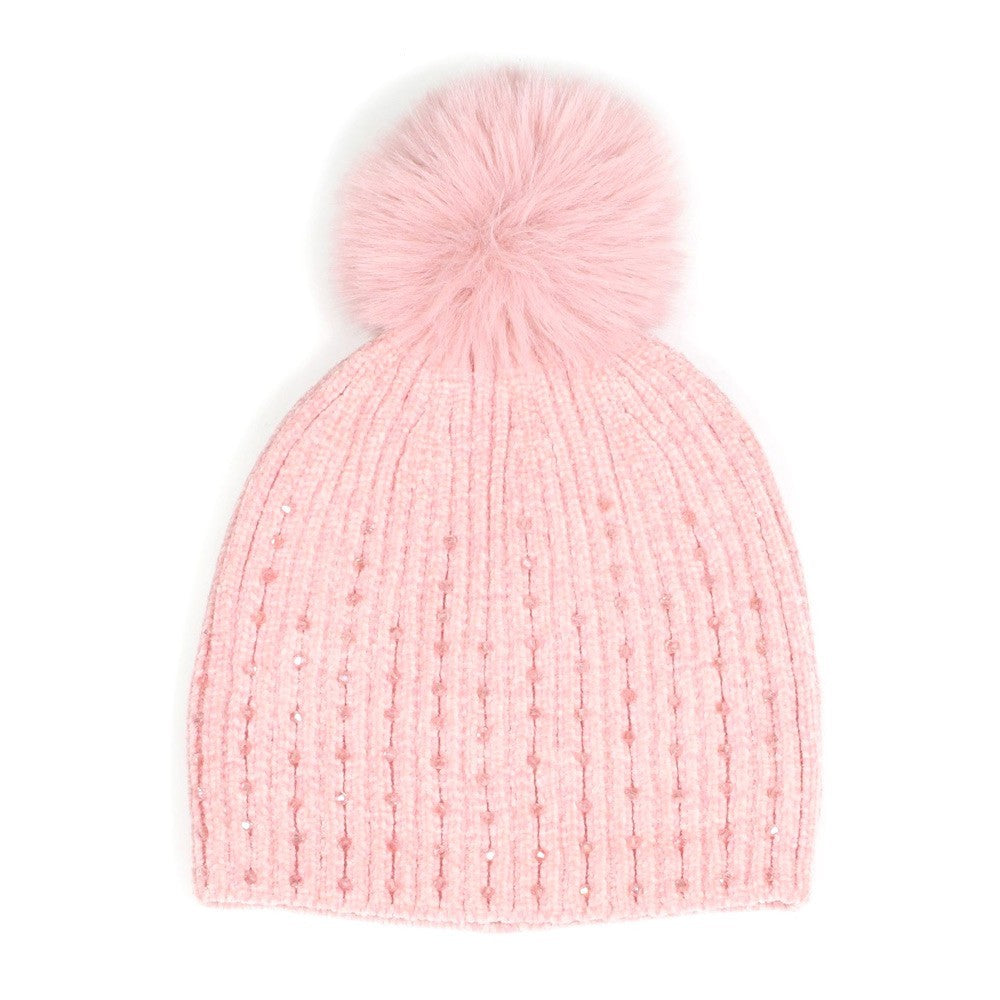 2pk Women’s Ribbed Knit Beanie Rhinestone Accents Faux Fur Pom Winter Hats