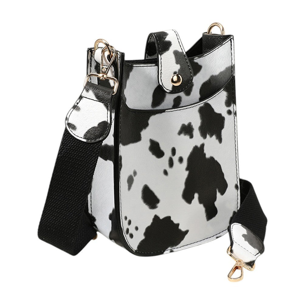 Cattle Patterned Faux Leather Crossbody Bag Black White with Magnetic Closure