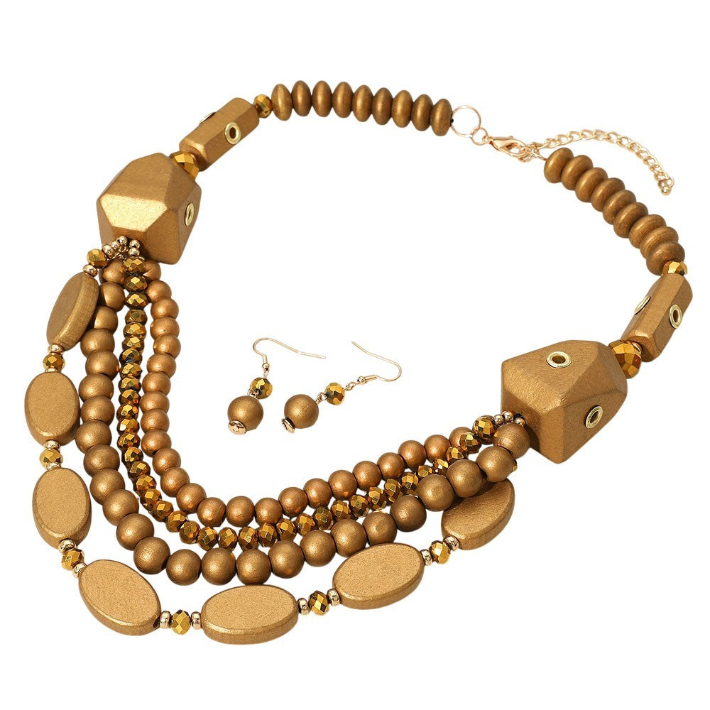 Bold Multi Layered Wood Beaded Statement Necklace Women’s Fashion Jewelry Gift