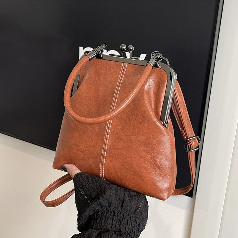 Cognac Faux Leather Kiss Lock Frame Bag Small Doctor Style Crossbody Handbag