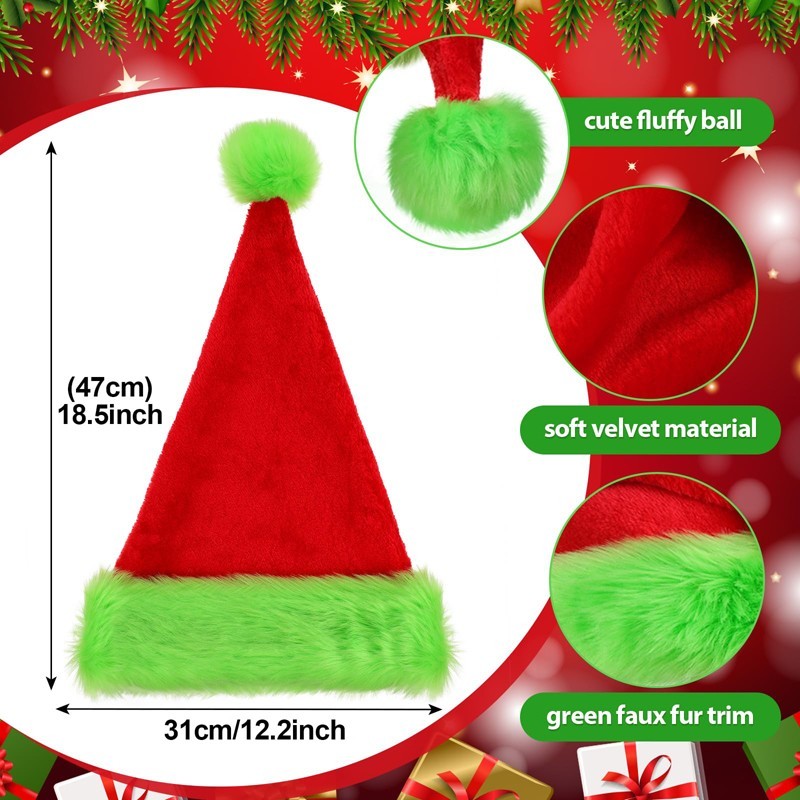Grinch Santa Hat Red Green Faux Fur Velvet Christmas Costume Holiday Cap New