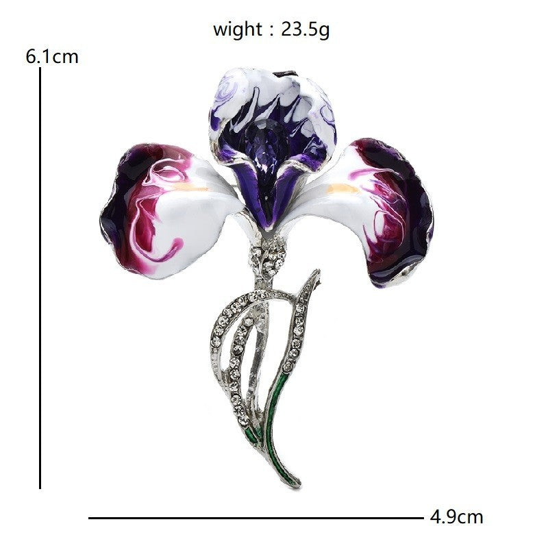Purple Iris Flower Brooch Enamel Crystal Floral Pin Silver Tone Botanical Jewelr