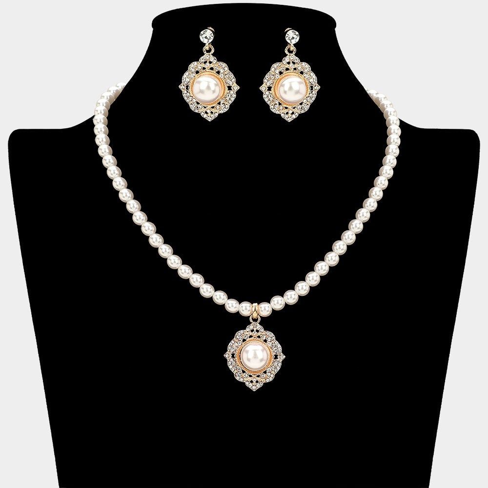 Elegant Pearl Pendant Necklace and Earrings Set - Vintage Gold Bridal Jewelry
