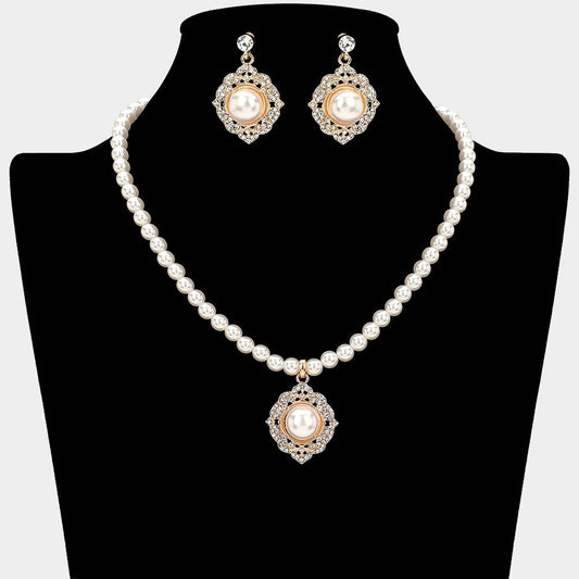Elegant Pearl Pendant Necklace and Earrings Set - Vintage Gold Bridal Jewelry