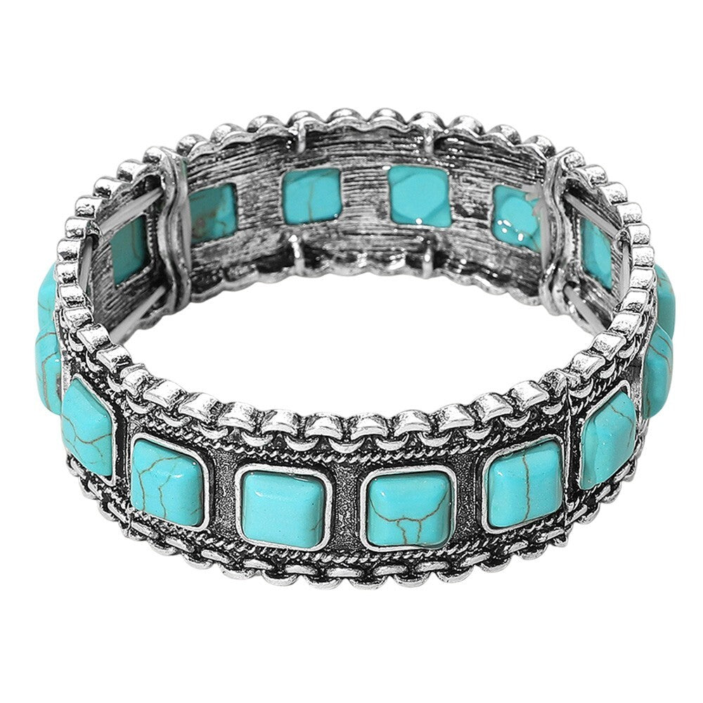 Western Charm Stretch Bracelet Antique Metal with Pink  Color Stones