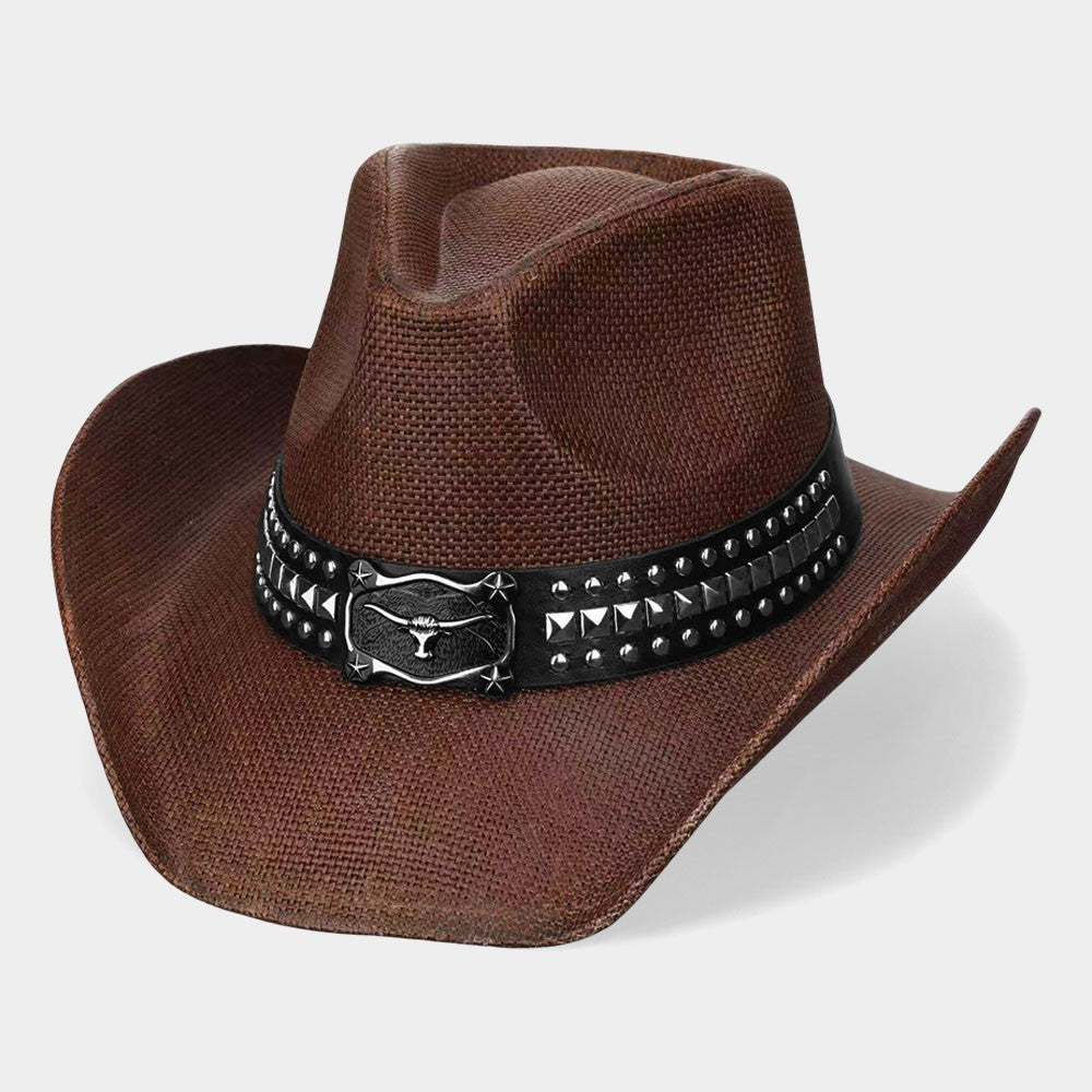 Women's Straw Cowboy Hat Metal Steer Head Buckle Studded Faux Leather Band Brown