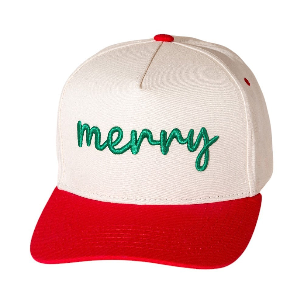 Red Cream "Merry" Christmas Holiday Baseball Cap Hat Flat Brim Adjustable