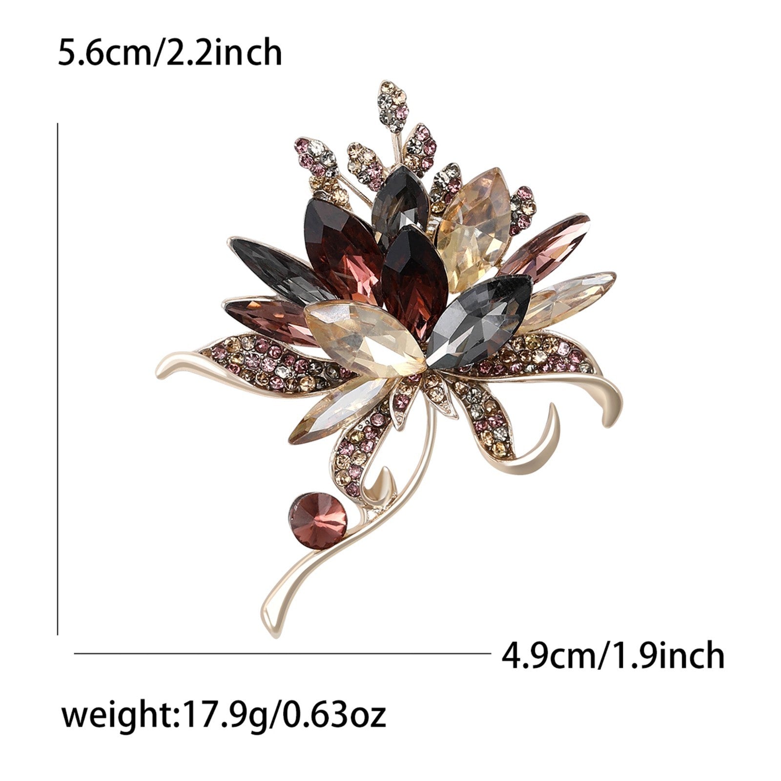 Gold Tone Art Deco Style Multi-Color Crystal Floral Statement Brooch Pin