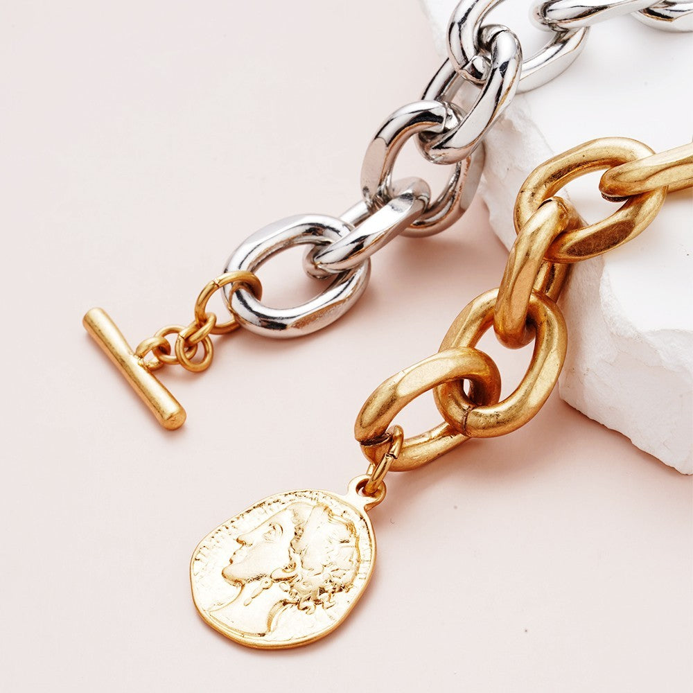 Mixed Metal Gold Silver Chunky Chain Bracelet Coin Pendant Toggle Clasp