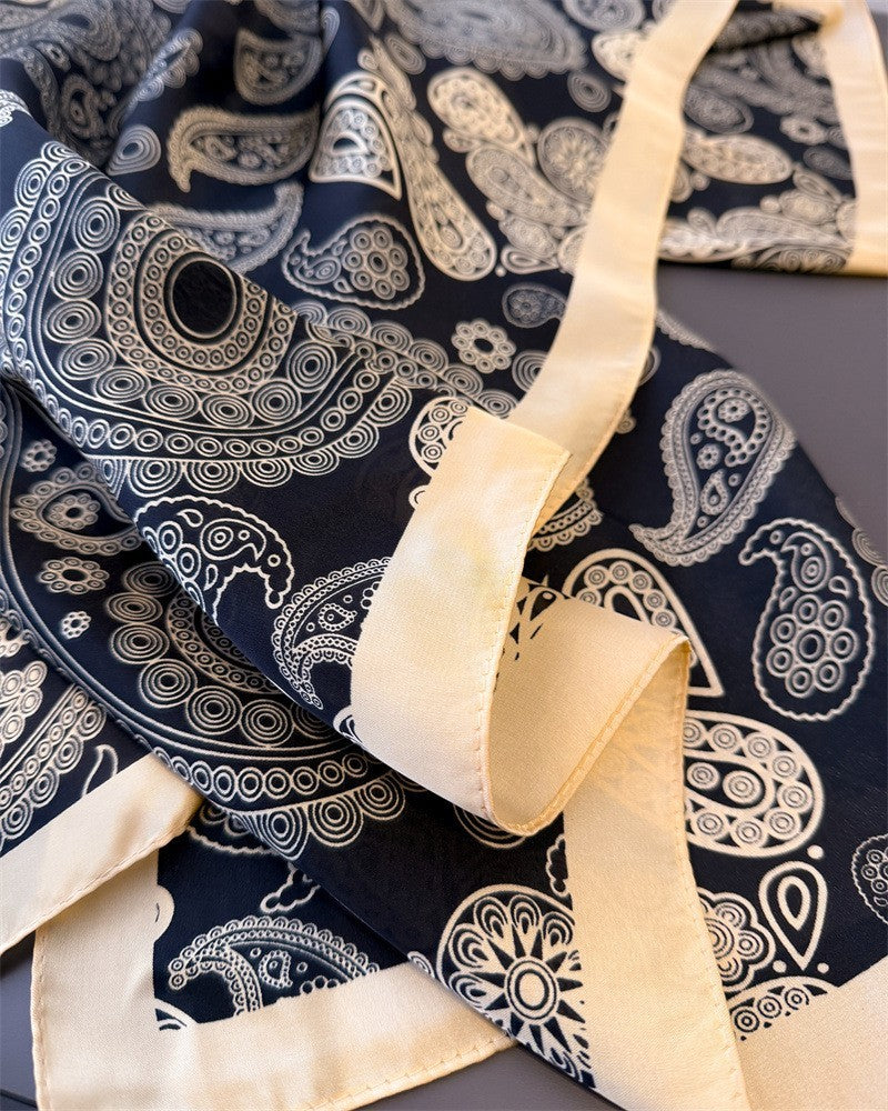 Elegant Black Gold Paisley Silk Feel Scarf Shawl Large Square Vintage Style