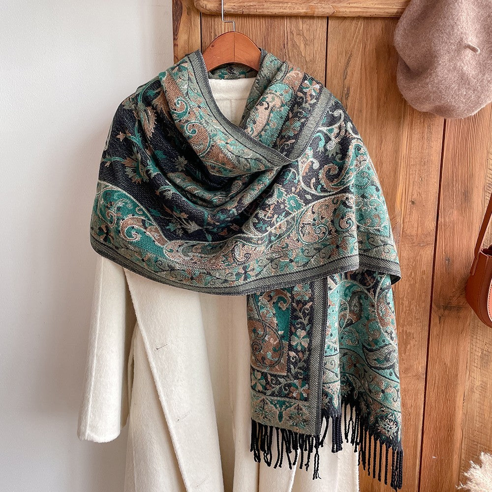 Bohemian Paisley Shawl Wrap Woven Jacquard Scarf Fringe Green Black Scarves