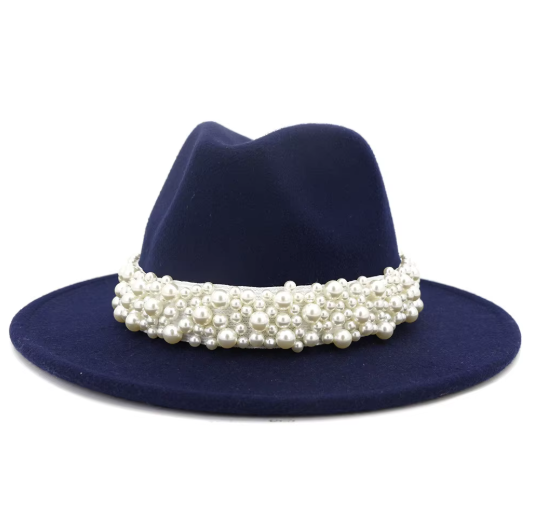 White Felt Jazz Fedora Hat with Pearl Band Wide Brim Elegant Dressy Accessory