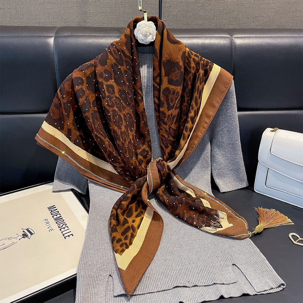 Leopard Print Rhinestone Tassel Shawl Wrap Oversized Scarf Luxury Sparkle