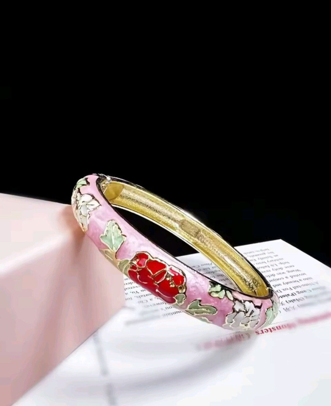 Pink Enamel Floral Bangle Bracelet for Women Elegant Gift Jewelry