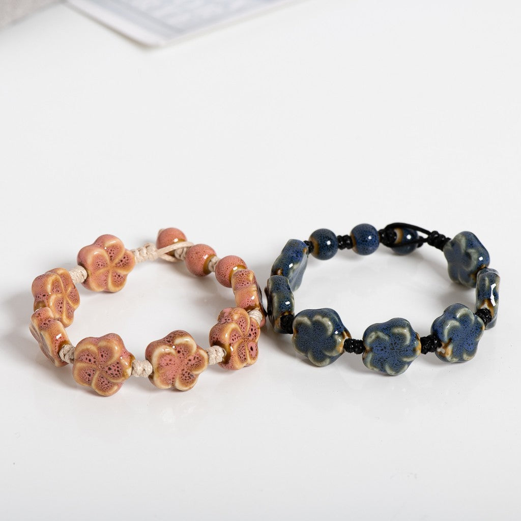 2Pc Handmade Ceramic Bracelet Set Glazed Pottery Pink & Blue Flower Bead Jewelry