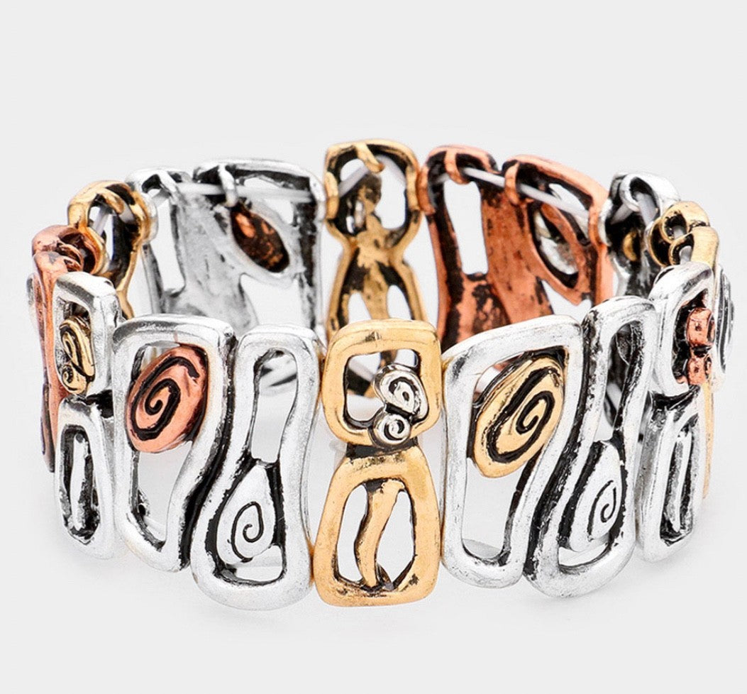 Tri-Tone Silver Gold Rose Gold Mixed Metal Abstract Swirl Stretch Bangle Jewelry