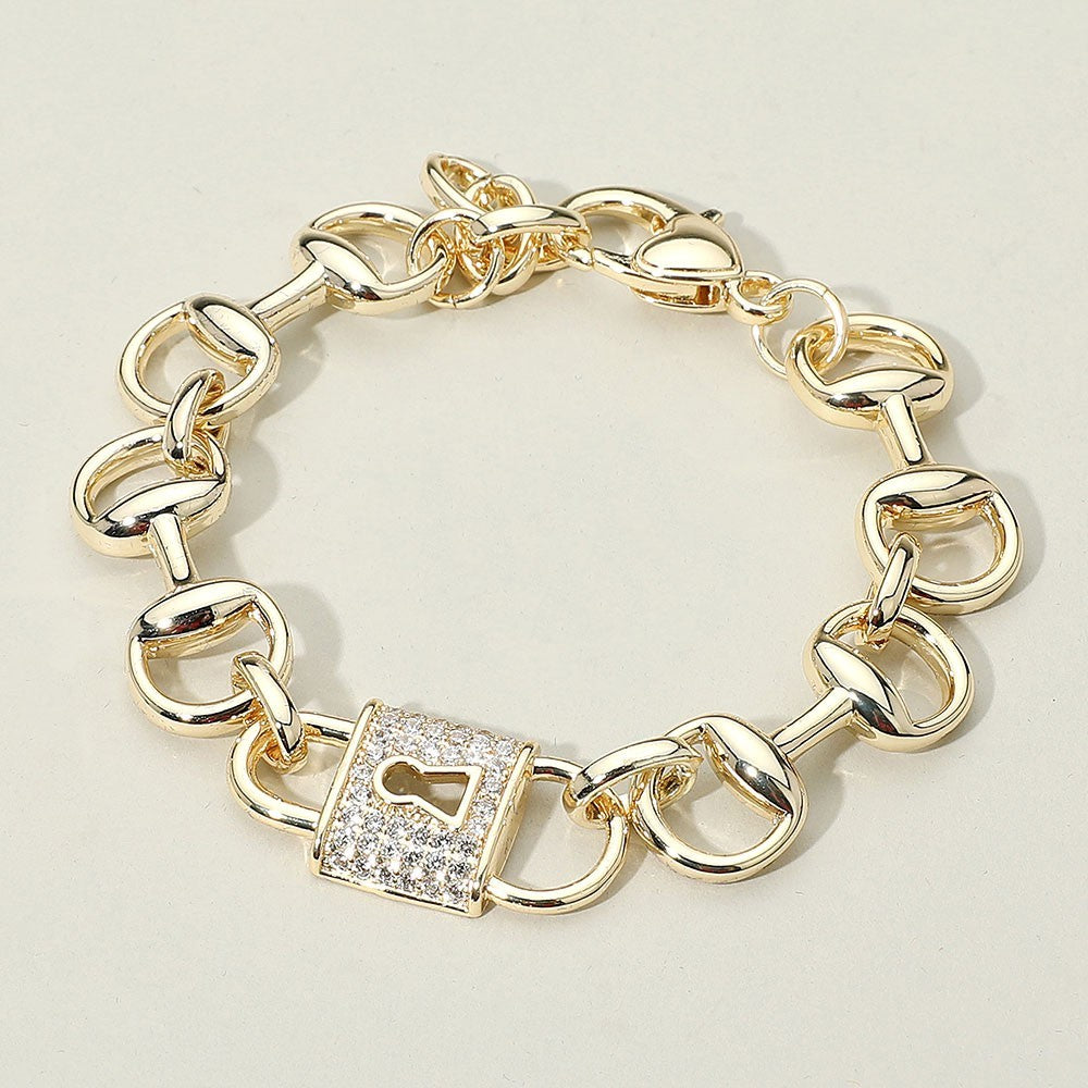 14K Gold Plated CZ Padlock Charm Chunky Chain Bracelet for Women Jewelry Gift