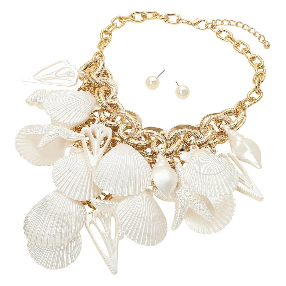 2pcs Gold Layered White Cowrie Shell Necklace with Crystal Enamel Earring Set