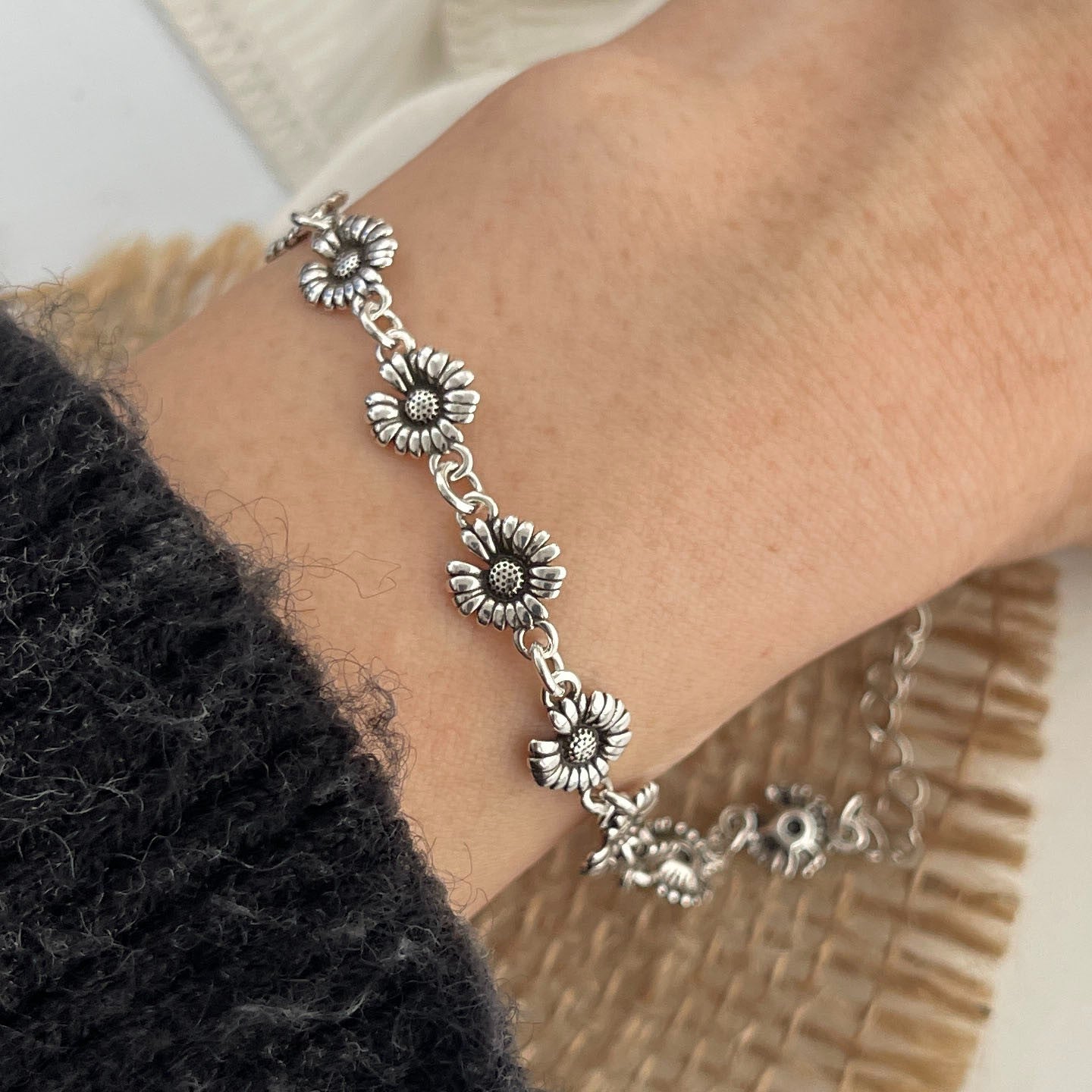 3X Sterling Silver Daisy Charm Bracelet S925 Women's Floral Dainty Jewelry Gift