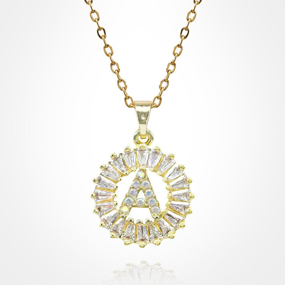 -A- Stainless Steel CZ Stone Embellished Round Initial Monogram Pendant Necklace