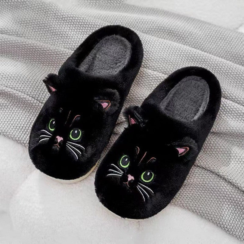 Black Cat Fuzzy Slippers US 7.5-8.5 Warm Indoor House Shoe Anti-Slip Sole