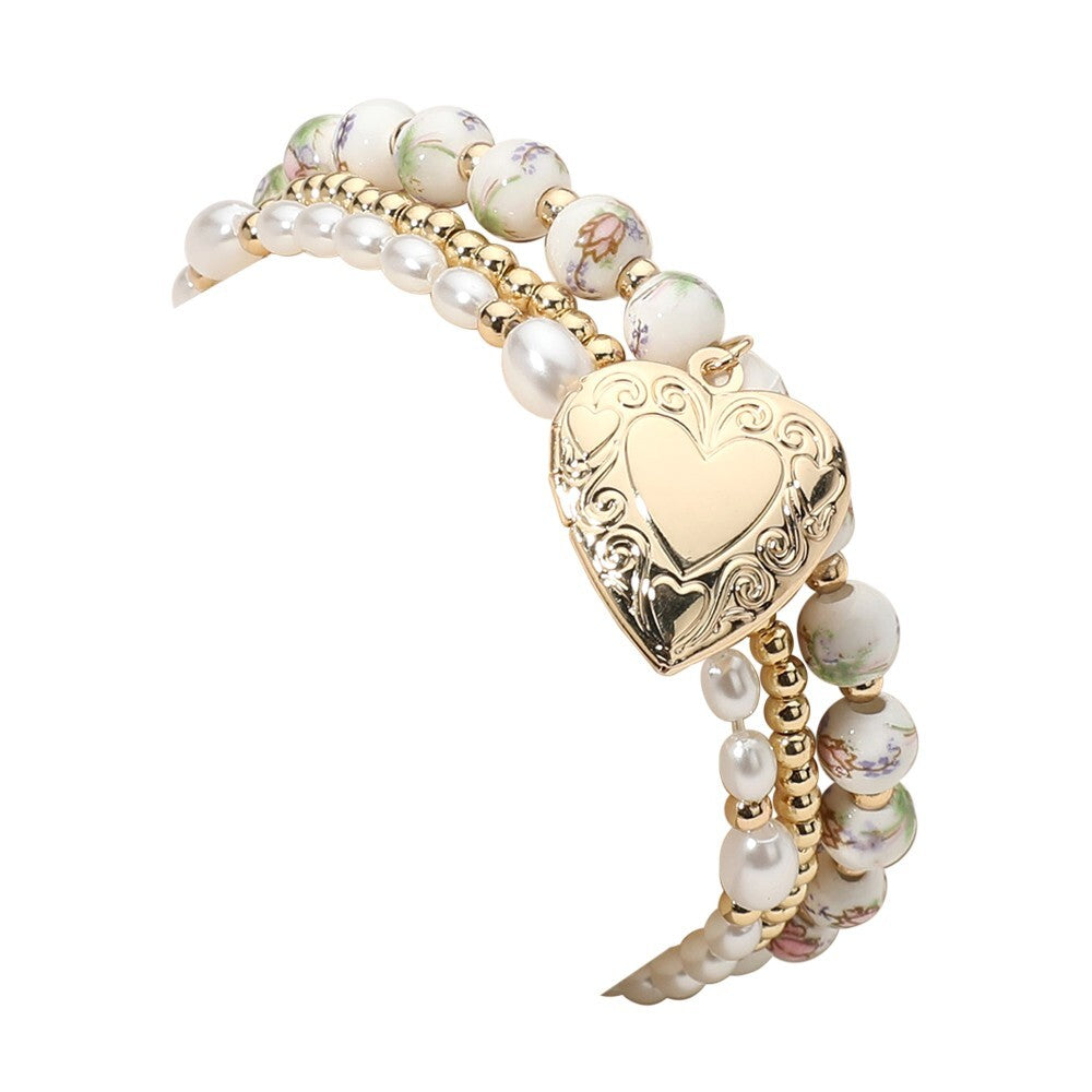 3PC Women's Beaded Stretch Bracelet Set Heart Locket Pearl Ceramic Metal Charm