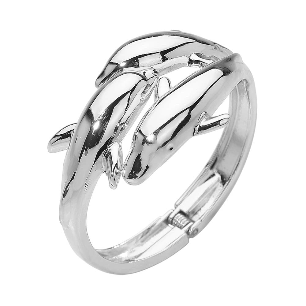 Silver Dolphin Triple Hinged Bangle Bracelet High Polish Nautical Beach Jewelry