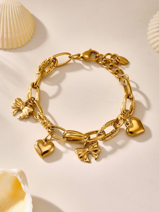 Gold Tone Heart & Bow Charm Bracelet Chunky Mixed Link Stainless Steel