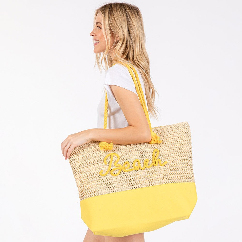 BEACH Embroidered Crochet Tote Bag with Rope Handles Summer Beach Bag Purse