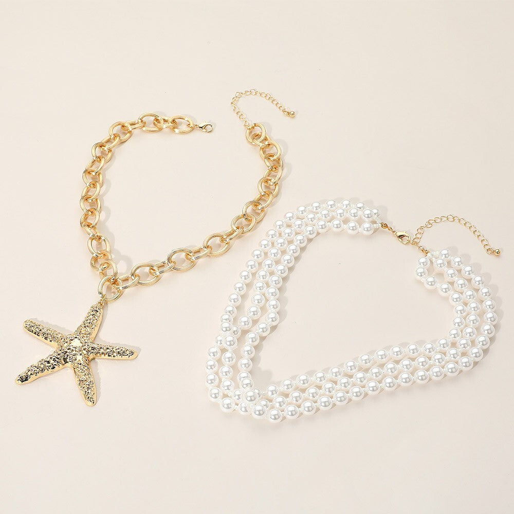 Layered Starfish Pendant and Pearl Beaded Necklace for Women