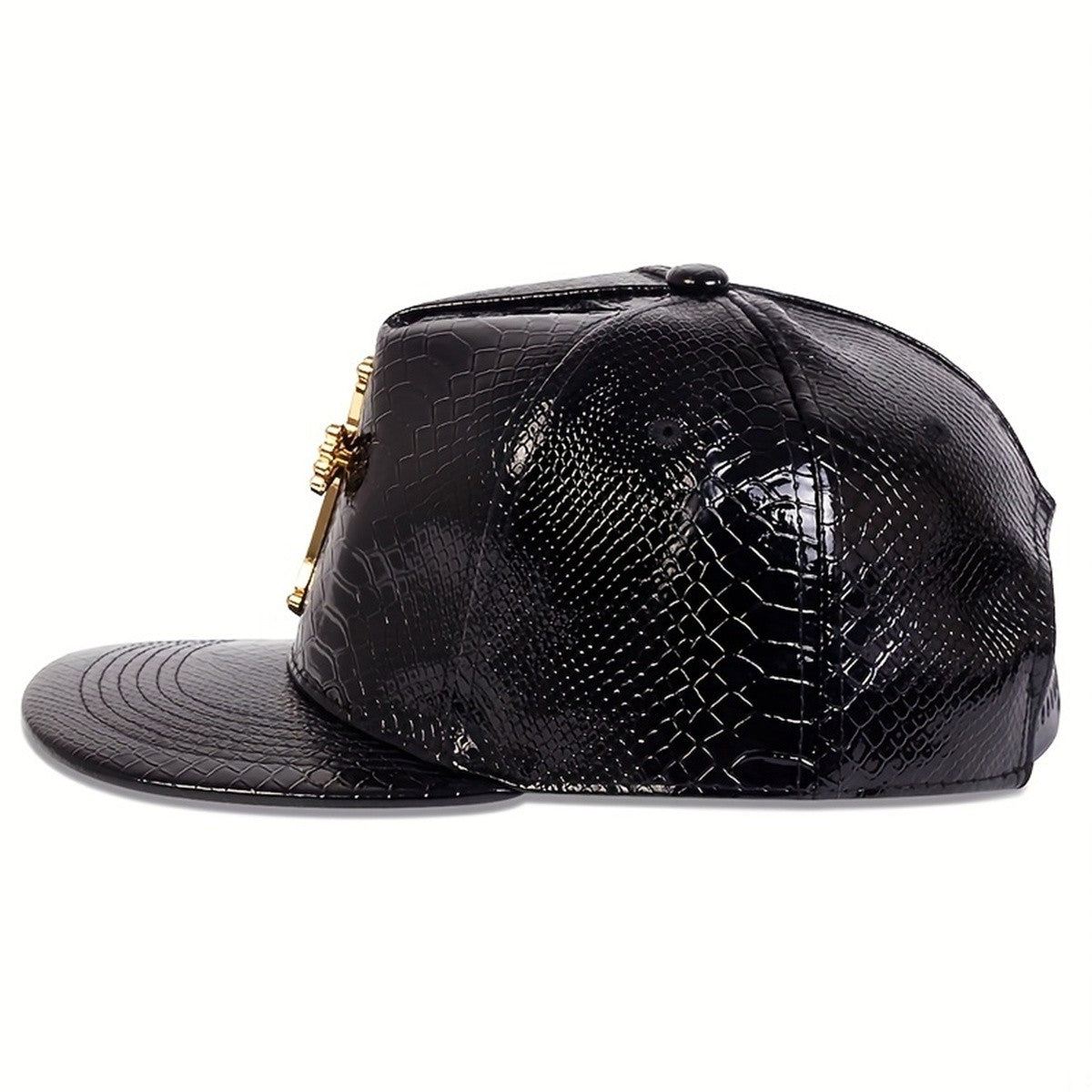Black Patent Faux Leather Snakeskin Snapback Hat Rhinestone Cross Flat Bill Cap