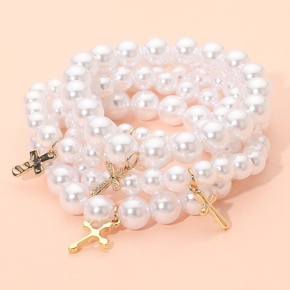 5PC Set Faux Pearl Stretch Bracelet Gold Cross Charm Religious Communion Gift