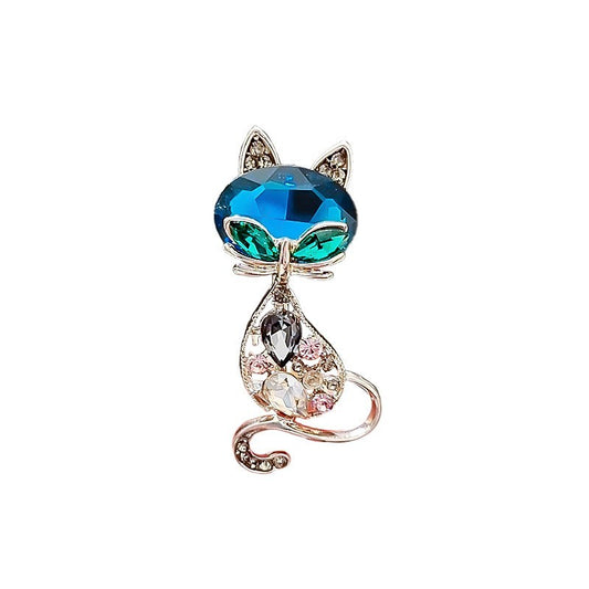 Sparkling Teal Crystal Cat Brooch Pin Animal Lover Jewelry Gift Rhinestone