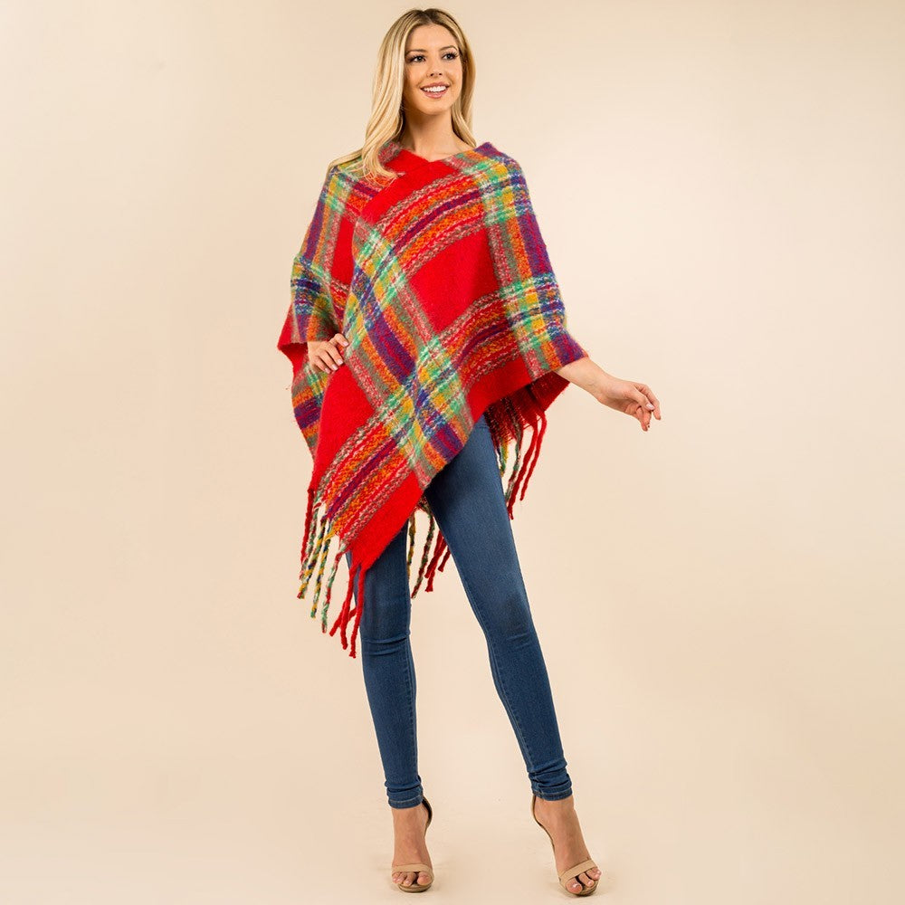 Plaid Poncho Women Fringe Hem Knit Shawl Wrap Cape Winter Layering Cozy