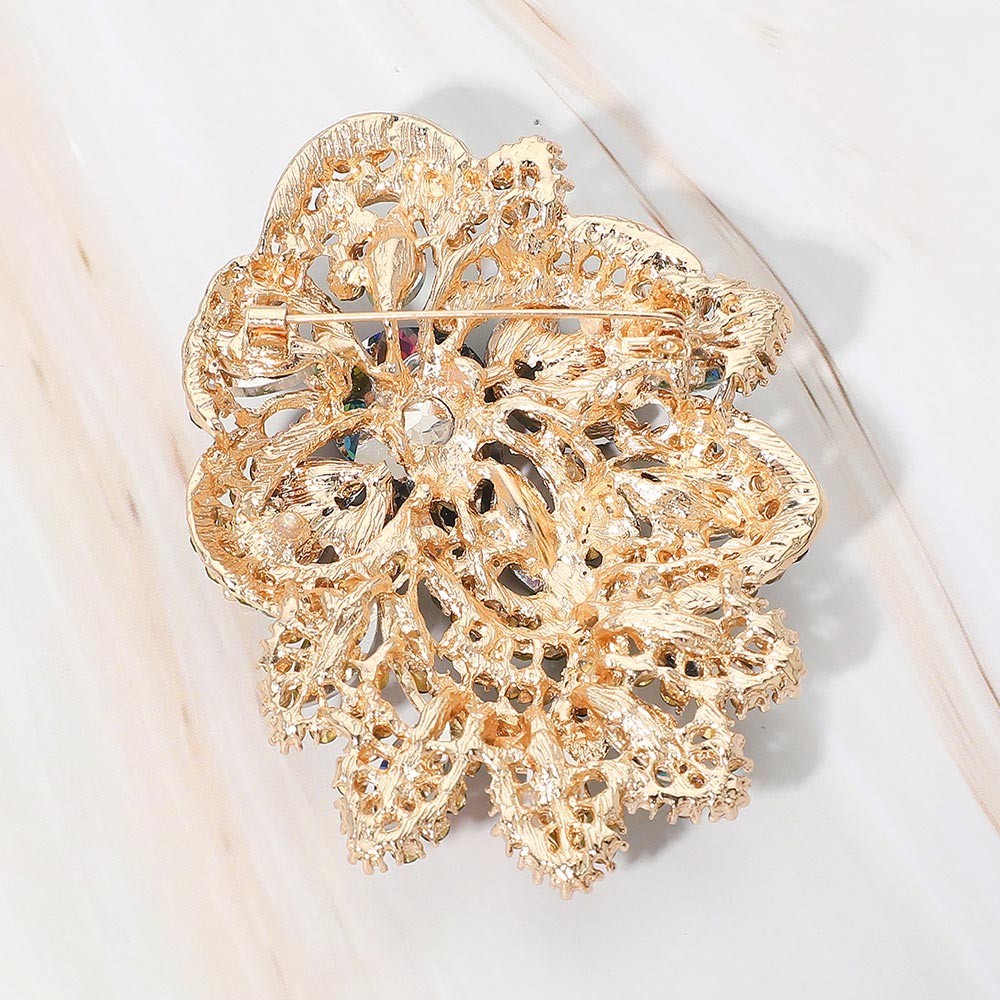 2pcs Large Floral Crystal Brooch Set Iridescent Rhinestone Flower Pin Bouquet