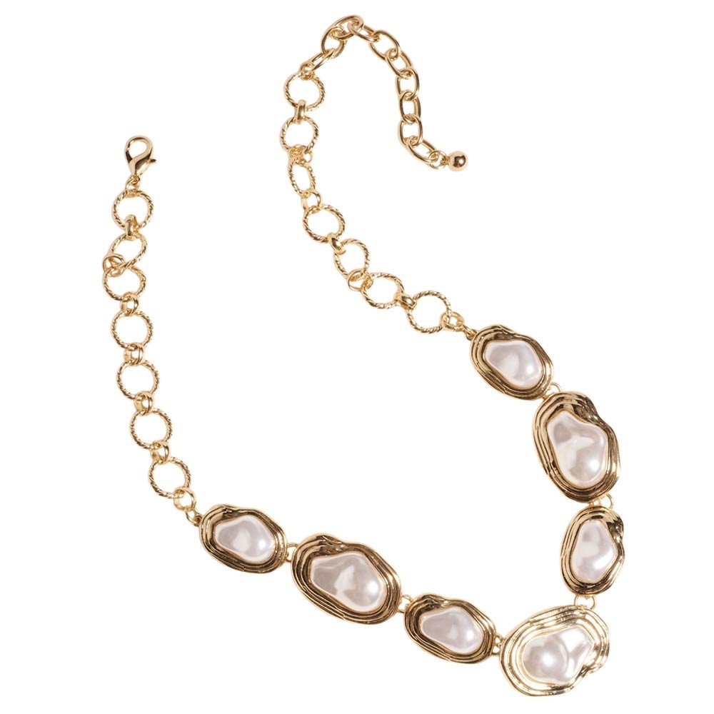Gold Ripple Organic Faux Pearl Link Necklace Irregular Baroque Style